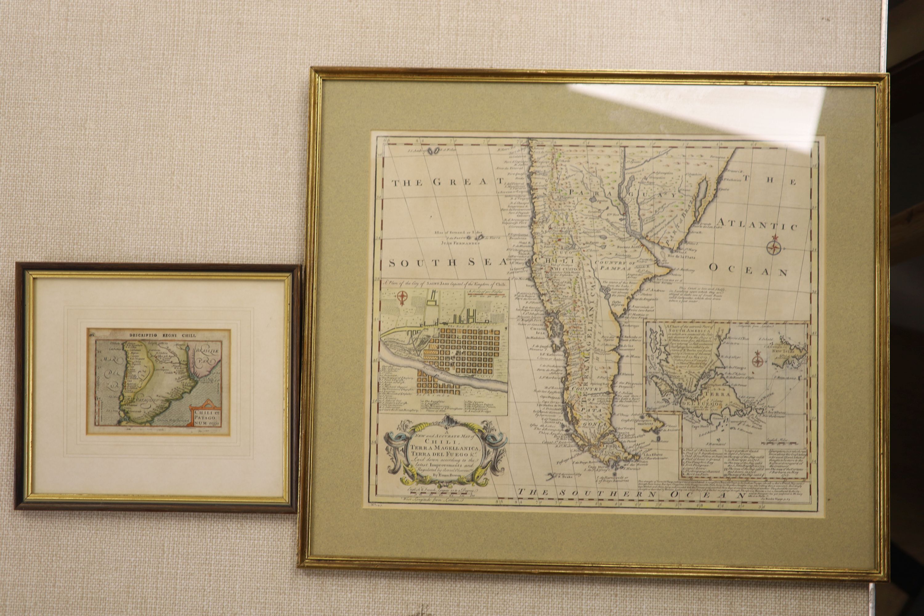 Emanuel Bowen, coloured engraving, The new and accurate map of Chile Terra Magellanica, 36 x 44cm and a small engraving of Chile and Patagonia, 10 x 14cm